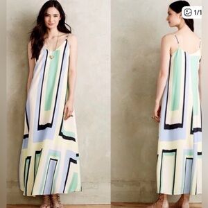 Anthropologie Maeve Silk Geometric Spaghetti Strap Maxi Dress MP Multi